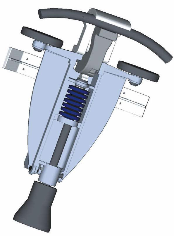 3D schematic section of a cableway grip hanger showing the disc spring stacks in the fixed connection and in the dynamic coupling connection