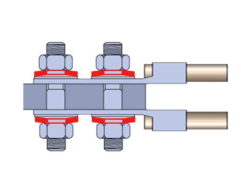 Flanged electrical connection — section with terminals and a Belleville under each nut