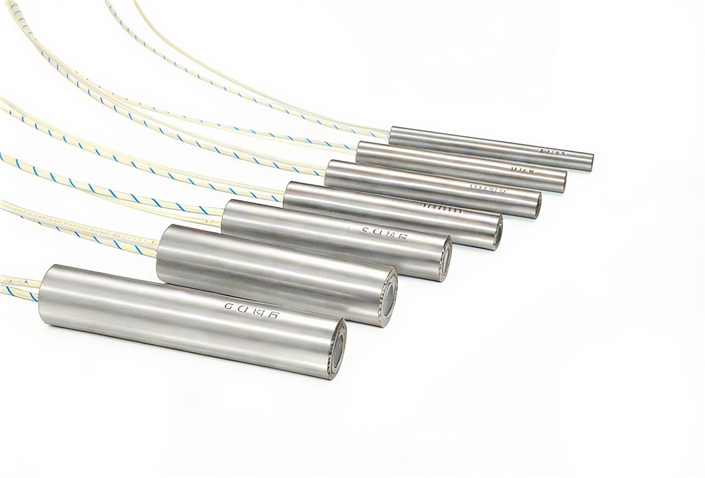 Conjunto de cartuchos calefactores de alta carga de acero inoxidable CrNi con cables de conexión en fibra de vidrio