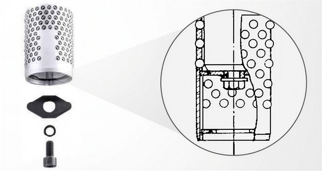Variant with a locking device and screw (aluminum only): cage, locking plate, and fixing screw