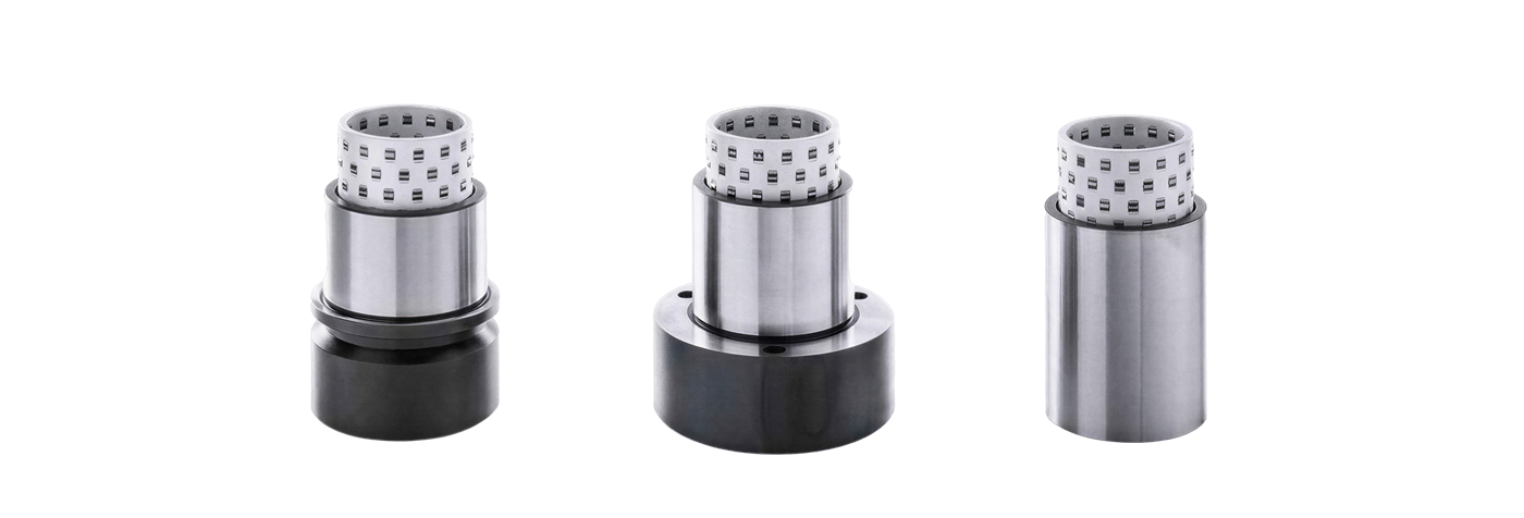 Three Steinel aluminum roller cages (smooth, shoulder, flange) with the barrel-shaped cylindrical rollers arranged in an axial spiral
