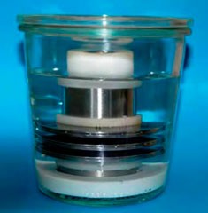Sealed container vessel with a 6×1 stack of disc springs in compression, immersed in a corrosive solution for the stress corrosion cracking test