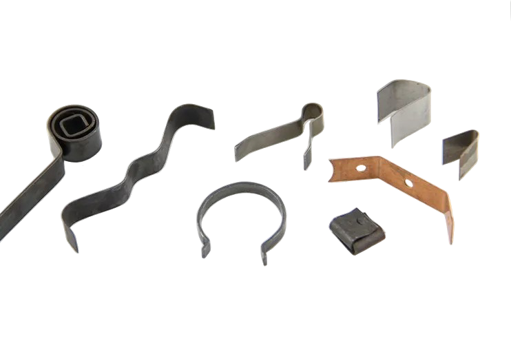 Assortment of formed steel flat springs: cantilever, simply supported, tabs and clips