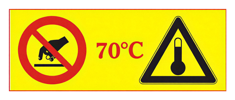 Etiqueta adhesiva de aviso de superficie caliente: pictograma de no tocar, «70 °C» y triángulo de advertencia sobre fondo amarillo.
