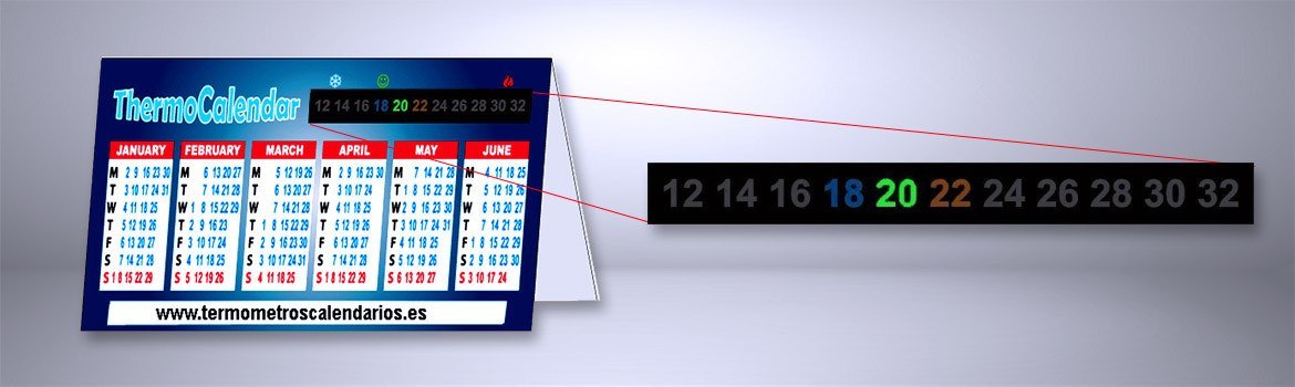 Termómetro adhesivo LCD de 8 × 77 mm integrado en un calendario de sobremesa, con detalle ampliado de la tira mostrando la escala de 12 a 32 °C y el dígito de temperatura iluminado en verde.