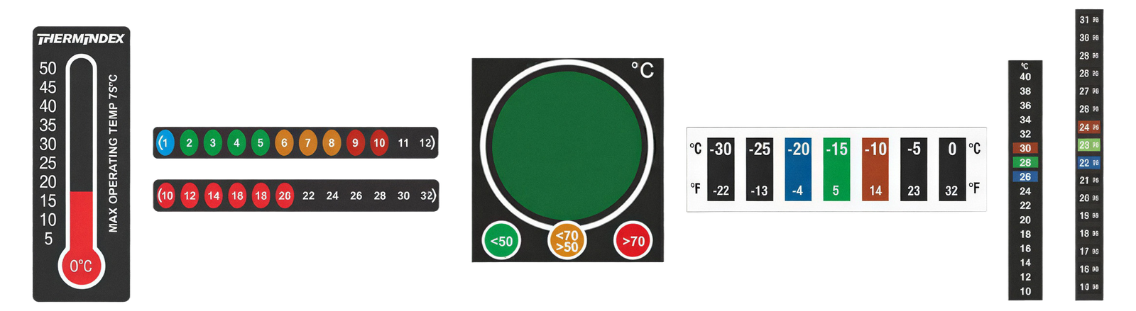 Gama de formatos de termómetro reversible LCD dispuestos en fila: modelo vertical tipo termómetro, tiras horizontales de puntos, etiqueta de ventana circular y tiras verticales, sobre fondo negro.
