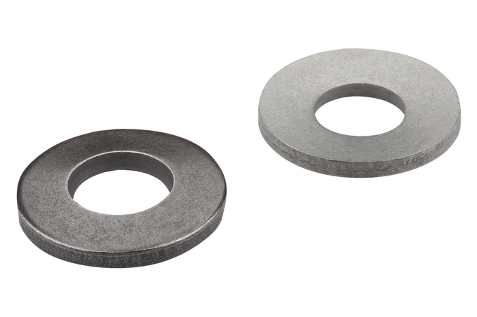 Two DIN 6796 Belleville washers, front and back view showing the conical, frustoconical geometry