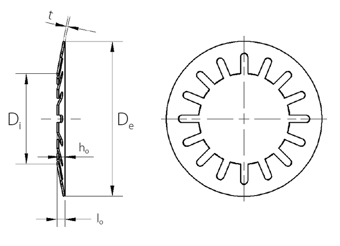 Dimensional schematic of a slotted disc spring for preloading ball bearings with dimensions Di, De, ho, lo and t