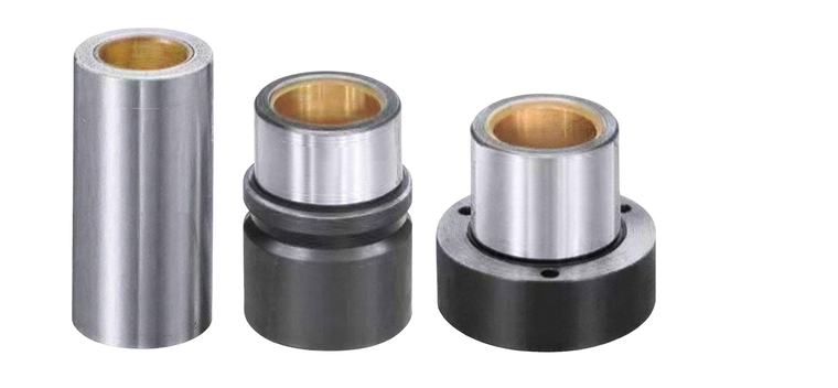 Three guide bushes with solid lubricant — smooth, shoulder, and flange configurations