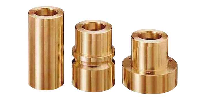 Three CuZn25Al5 bronze guide bushes with graphite rings — smooth, shoulder, and flange configurations