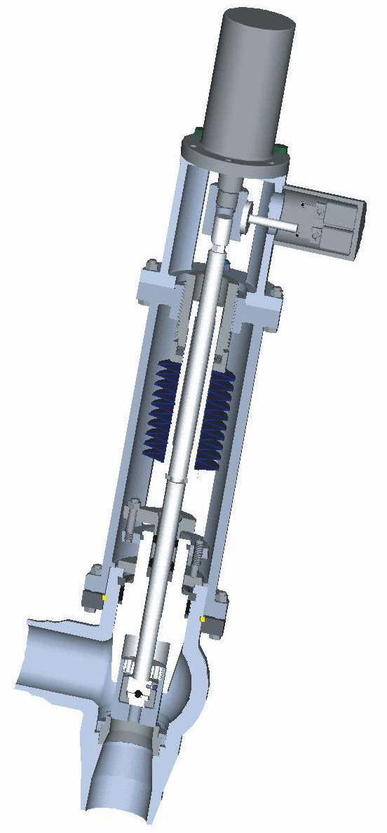 3D schematic section of a fail-safe actuator showing the disc spring stack in the compressed position (operating state) and released (safety state)