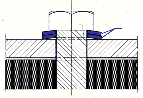 3D schematic of a stack of DIN 6796 Belleville washers in parallel, placed under the head of the bolt in a bolted joint
