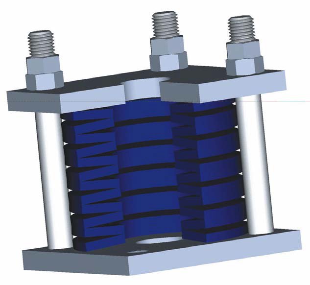 3D schematic section of a boiler suspension support with a disc spring stack arranged between two parallel plates to absorb thermal expansion