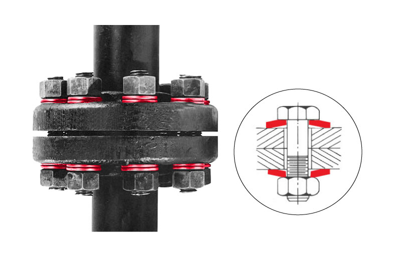 Flange with a through bolt and Belleville washers under the head and nut — real assembly + technical detail