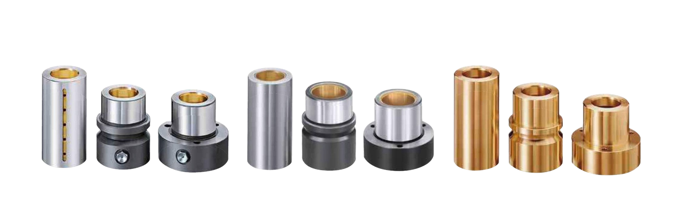 Complete family of Steinel Normalien plain guide bushes — three variants in their three mounting configurations (smooth, shoulder, flange)