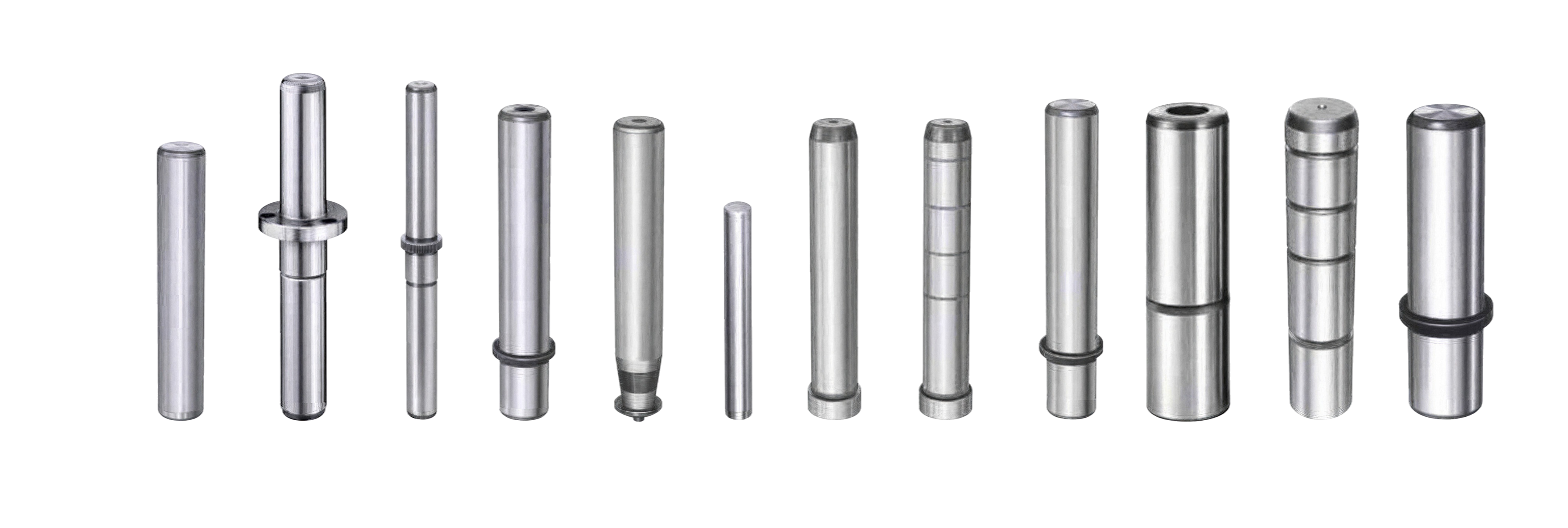 Main types of Steinel Normalien guide pillars in fan view: plain, central shoulder, with shoulder, quick-change and with head