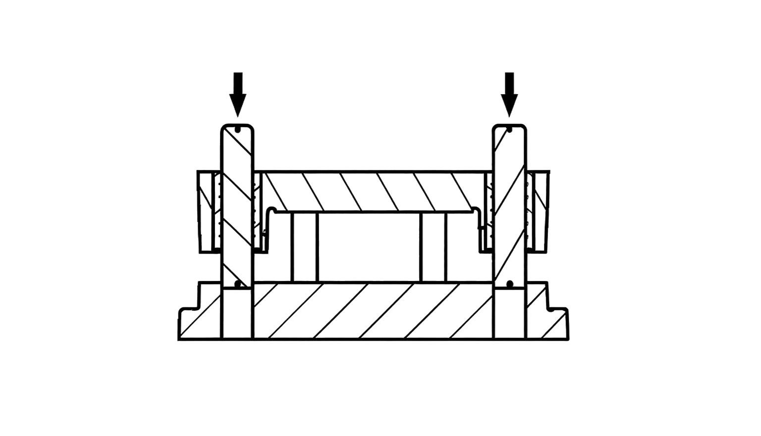 Installation diagram of plain guide pillars: simultaneous vertical thrust with a hydraulic press over parallel-ground bars