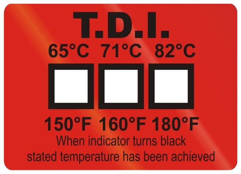 Etiqueta irreversible TDI de tres puntos (65, 71 y 82 °C) sin activar, con los tres recuadros blancos antes del ciclo de lavado.