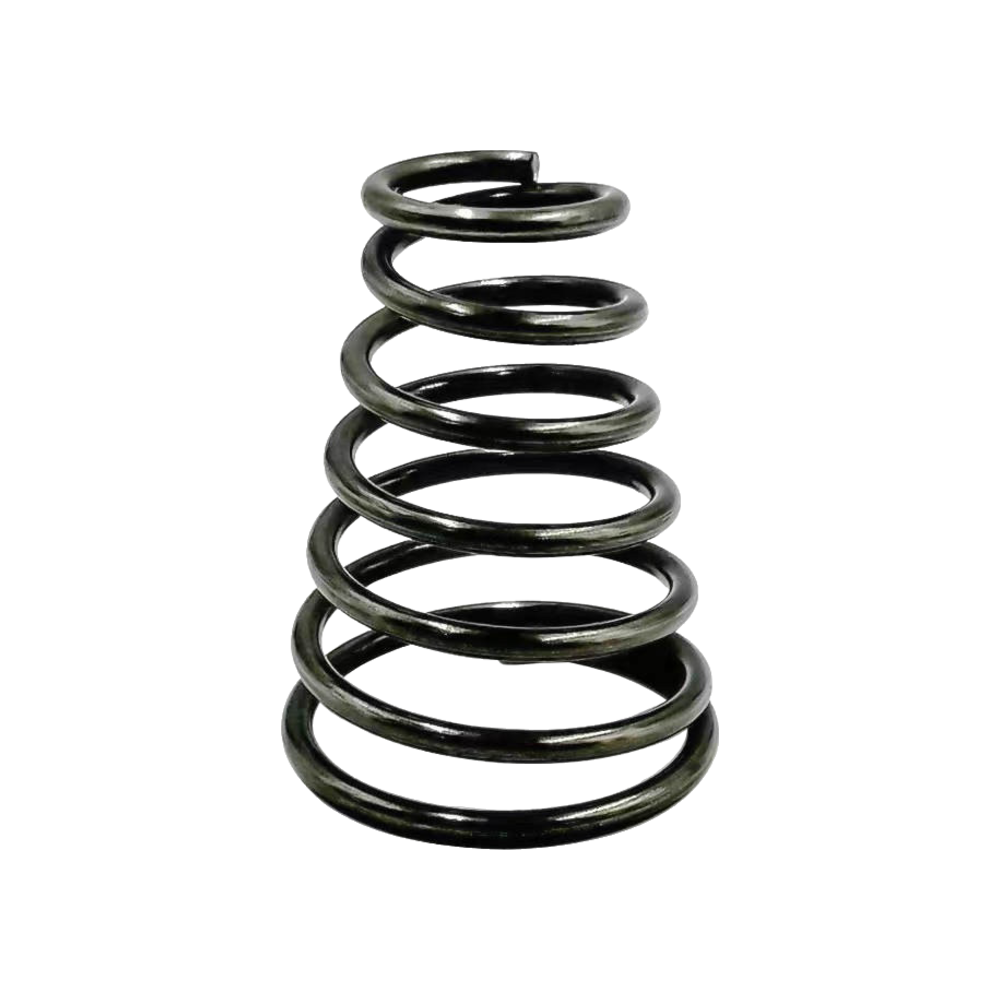 Conical steel compression spring, with the coil diameter tapering from the wide base to the tip