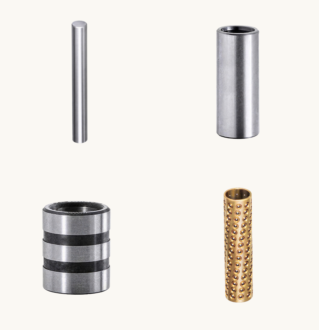 ST7190 guide pillar, ST7191 plain guide bush, ST7197 grooved guide bush and ST7192 ball cage from the Steinel Normalien mini series range