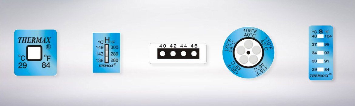 Gama de modelos estándar de termómetros irreversibles adhesivos: modelo de un punto, tira de 3 niveles, tira horizontal de 4 puntos, modelo circular tipo reloj y tira de 6 niveles.