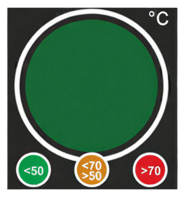Termómetro reversible LCD de ventana circular: etiqueta adhesiva de fondo negro con un gran círculo indicador en verde y tres testigos de referencia (<50, <70/>50, >70) en la parte inferior.